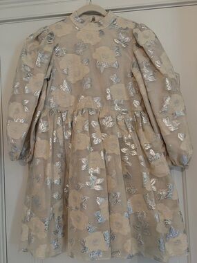 Dream Sister Jane Cream and Silver Metallic Floral Puff-Sleeve Dress